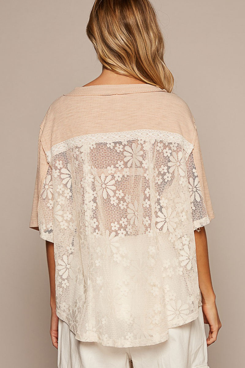 POL Oversize Round Neck Short Sleeve Lace Contrast Top