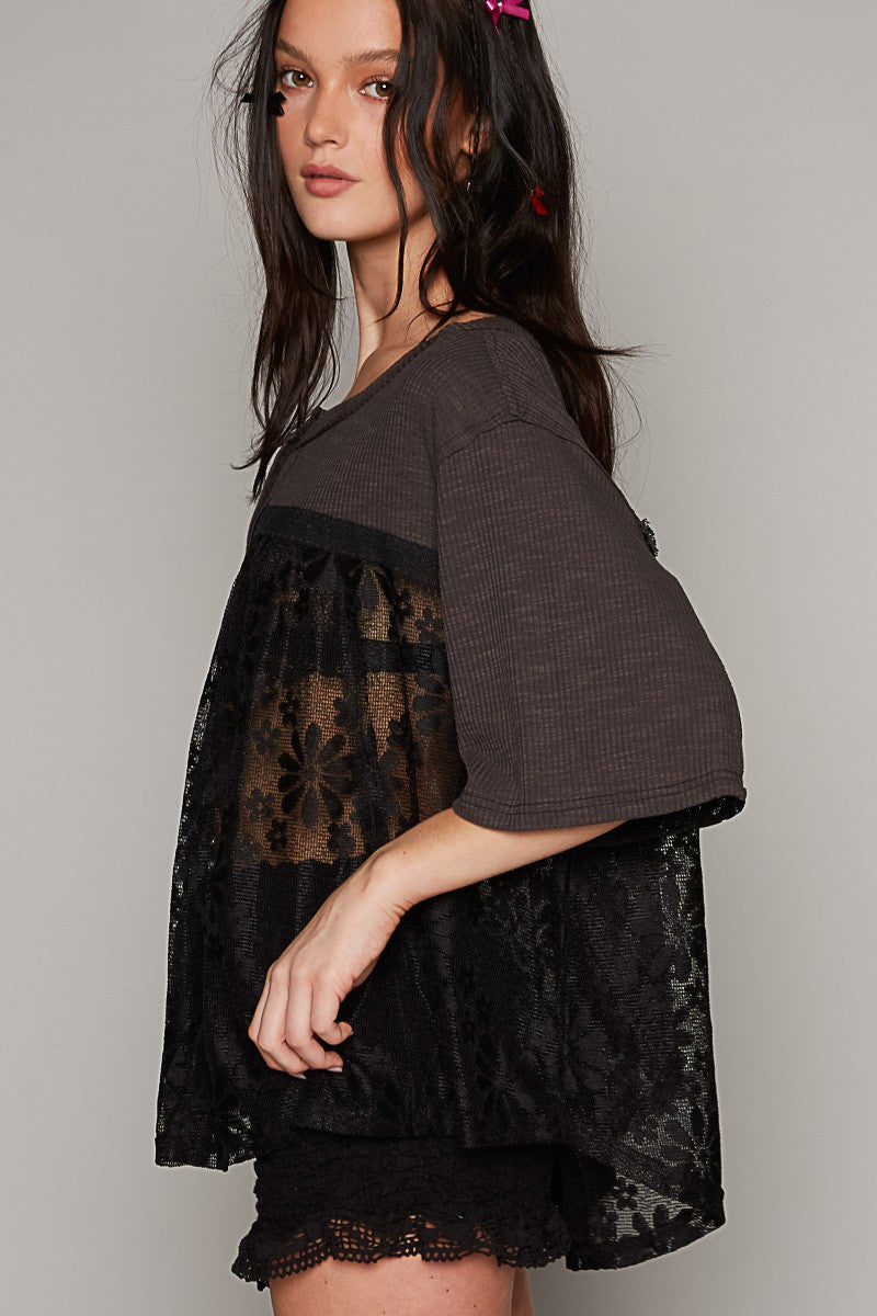 POL Oversize Round Neck Short Sleeve Lace Contrast Top