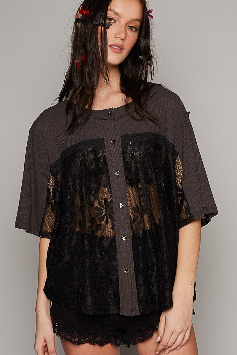 POL Oversize Round Neck Short Sleeve Lace Contrast Top