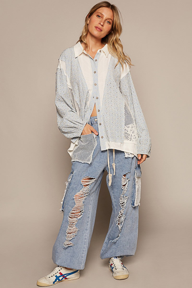 POL Oversize Long Sleeve Crochet Trim Button Down Top