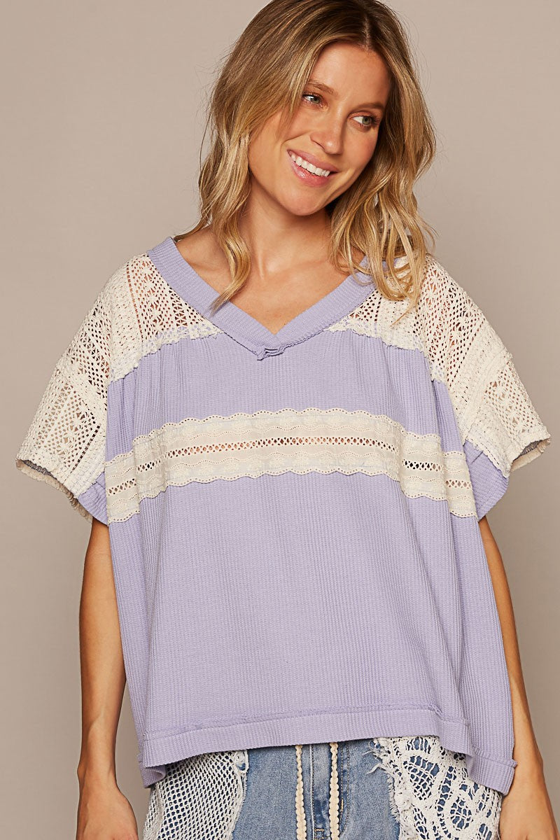 POL Oversize V-Neck Short Sleeve Crochet Trim Knit Top