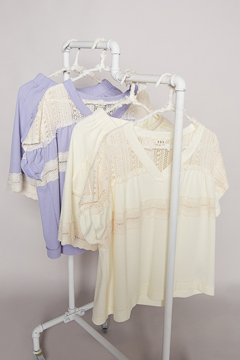 POL Oversize V-Neck Short Sleeve Crochet Trim Knit Top