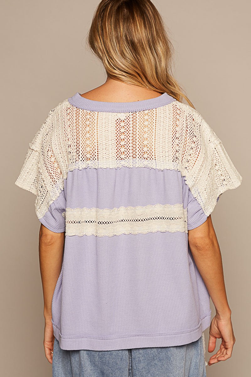POL Oversize V-Neck Short Sleeve Crochet Trim Knit Top