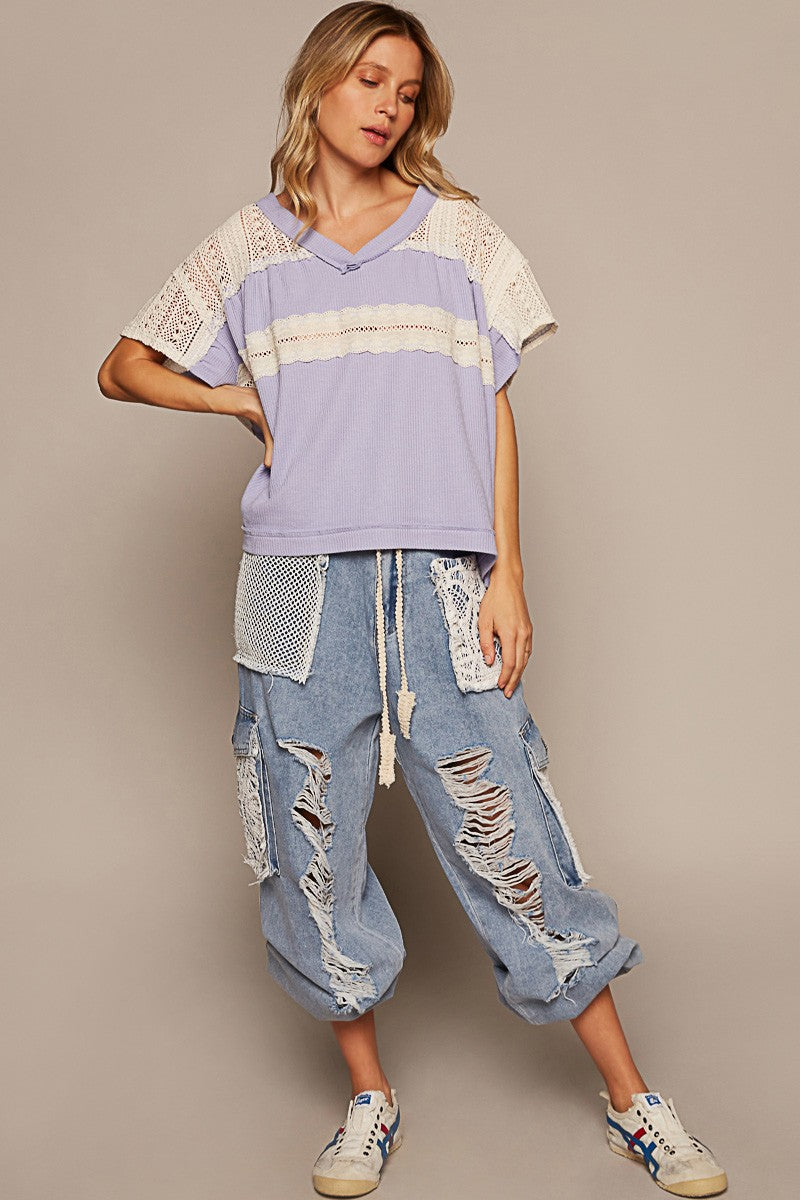 POL Oversize V-Neck Short Sleeve Crochet Trim Knit Top