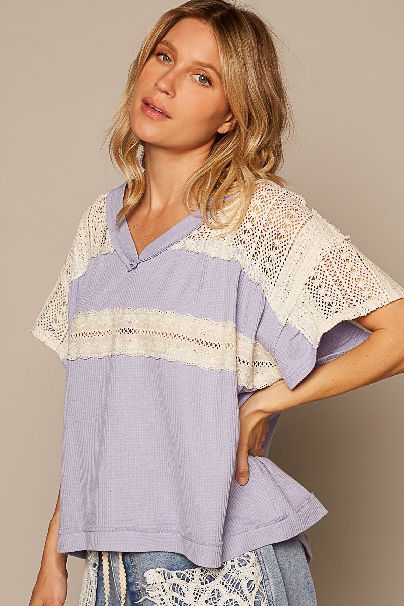 POL Oversize V-Neck Short Sleeve Crochet Trim Knit Top