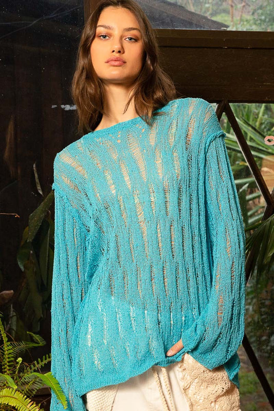 POL Reversible Round Neck Long Sleeve Button Sweater Top