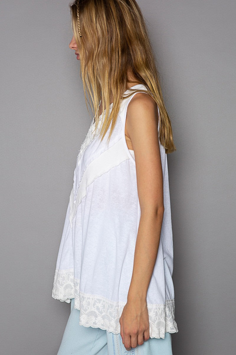 POL Oversize V Neck Lace Sleeveless Top