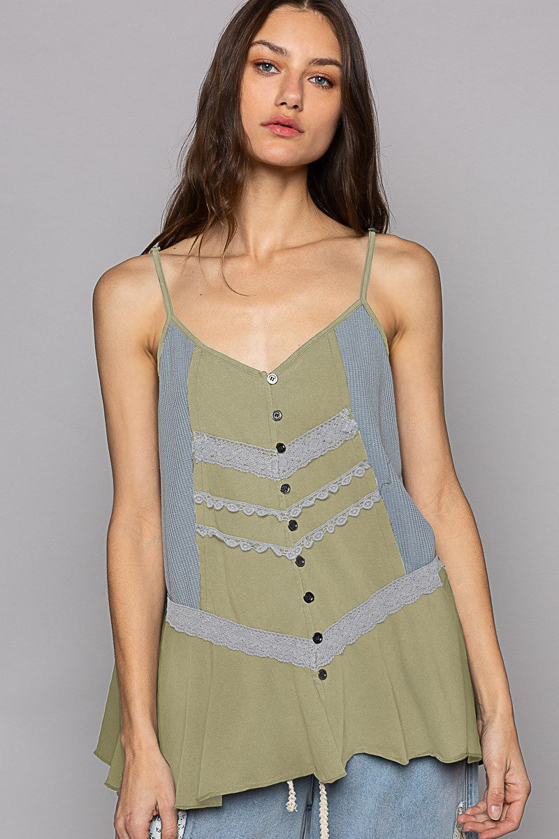 POL Button Down V-Neck Sleeveless Eyelet Trim Knit Top