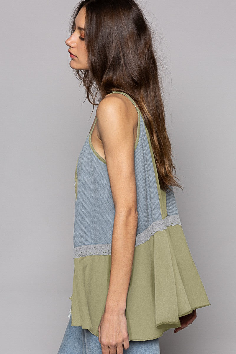 POL Button Down V-Neck Sleeveless Eyelet Trim Knit Top