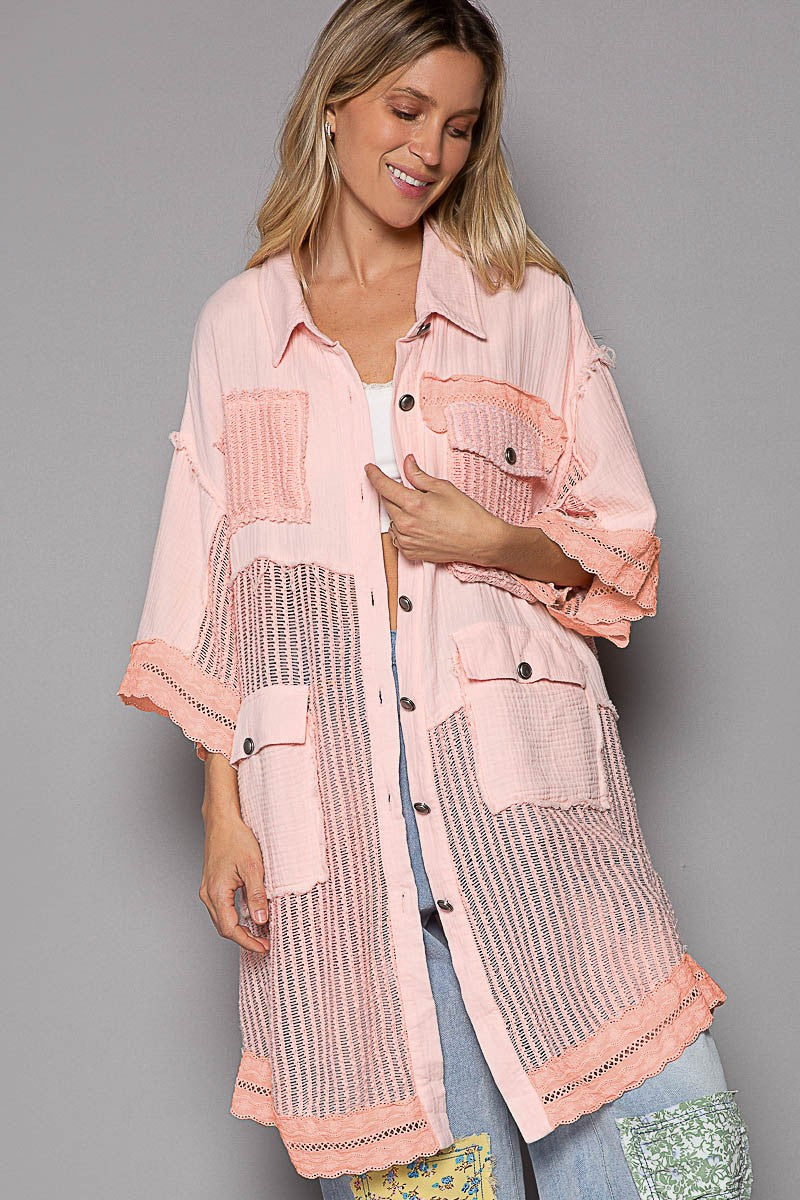 POL Oversize Short Sleeves Openweaving Contrast Shacket Top