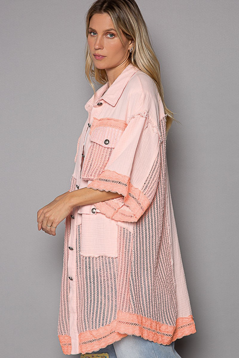 POL Oversize Short Sleeves Openweaving Contrast Shacket Top