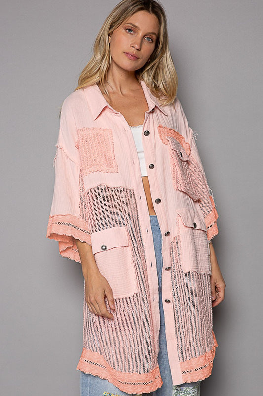 POL Oversize Short Sleeves Openweaving Contrast Shacket Top