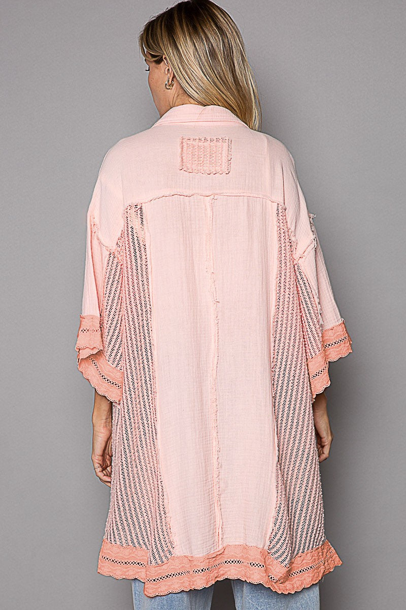 POL Oversize Short Sleeves Openweaving Contrast Shacket Top