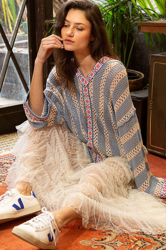 POL Oversize Stripe Open Weaving Hoodie Sweater Top