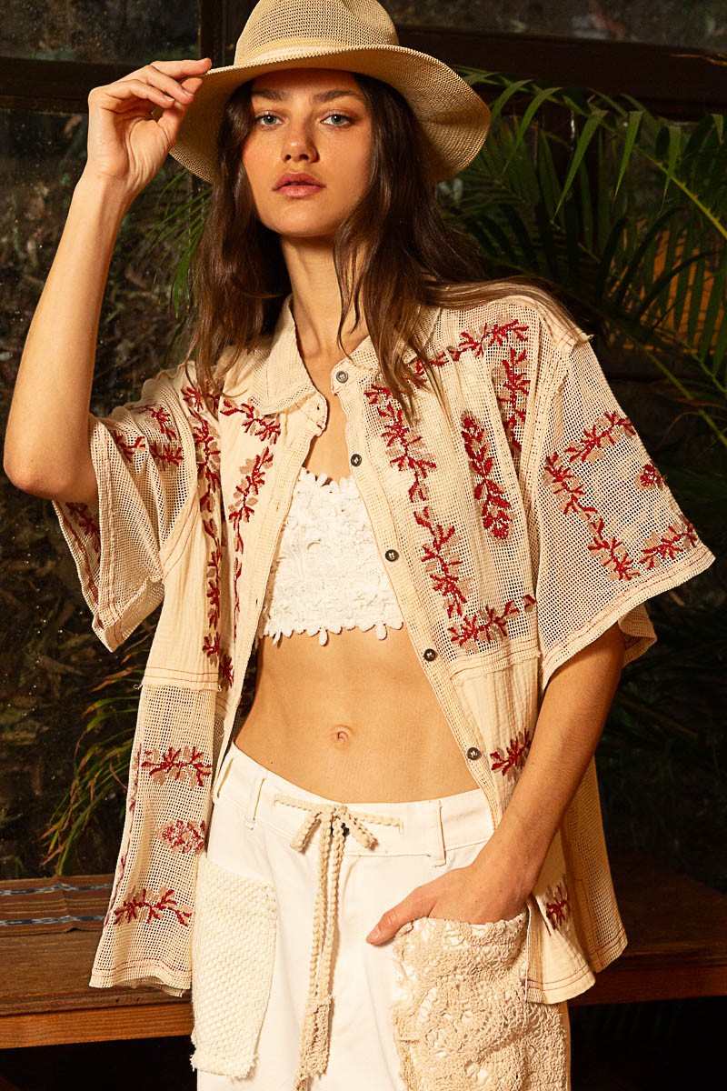 POL Embroidery Oversize Button Down Short Sleeve Shirt Top