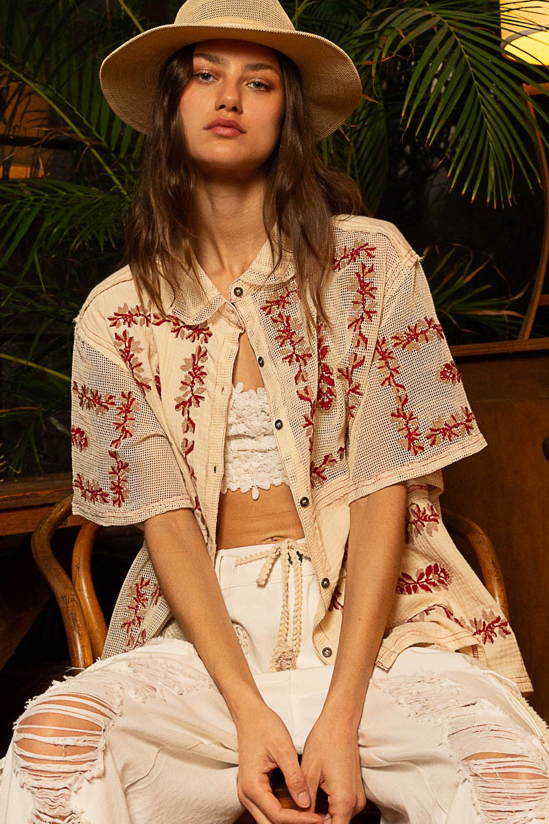 POL Embroidery Oversize Button Down Short Sleeve Shirt Top