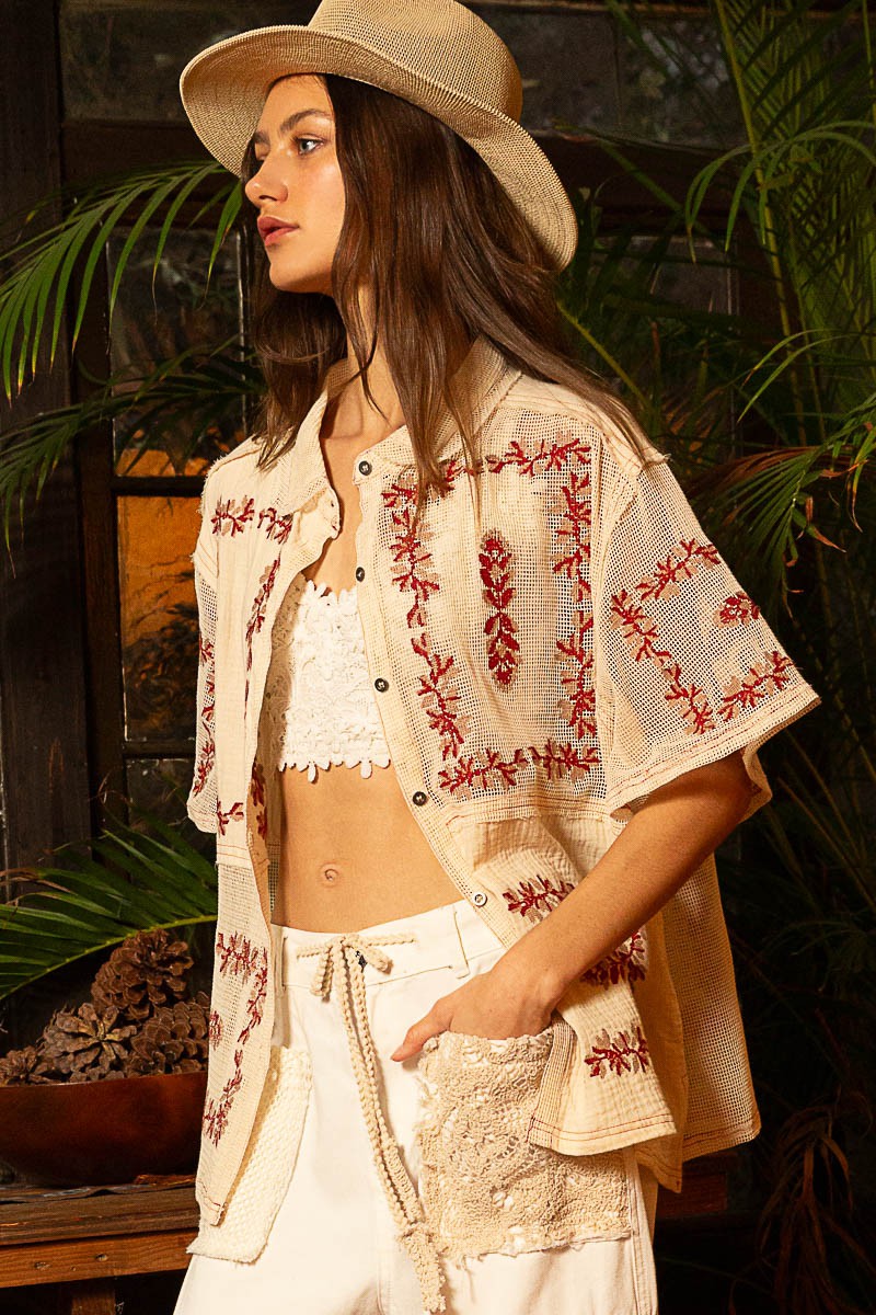 POL Embroidery Oversize Button Down Short Sleeve Shirt Top