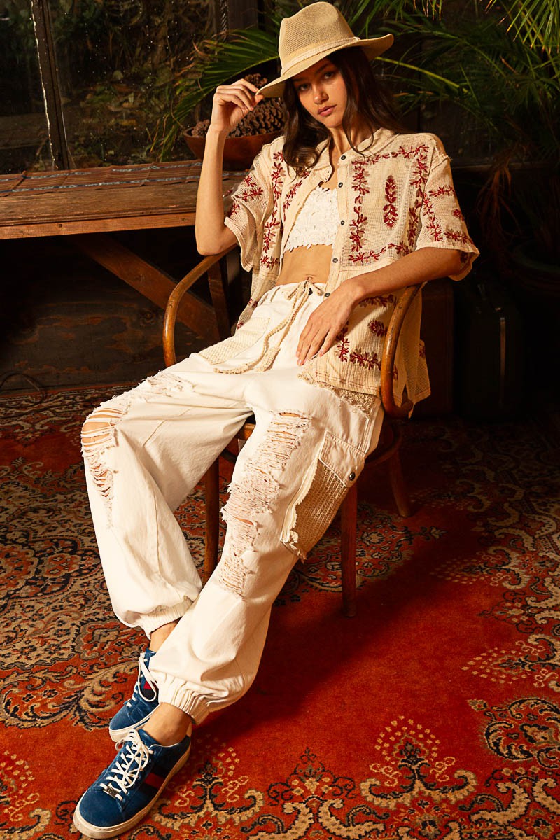 POL Embroidery Oversize Button Down Short Sleeve Shirt Top