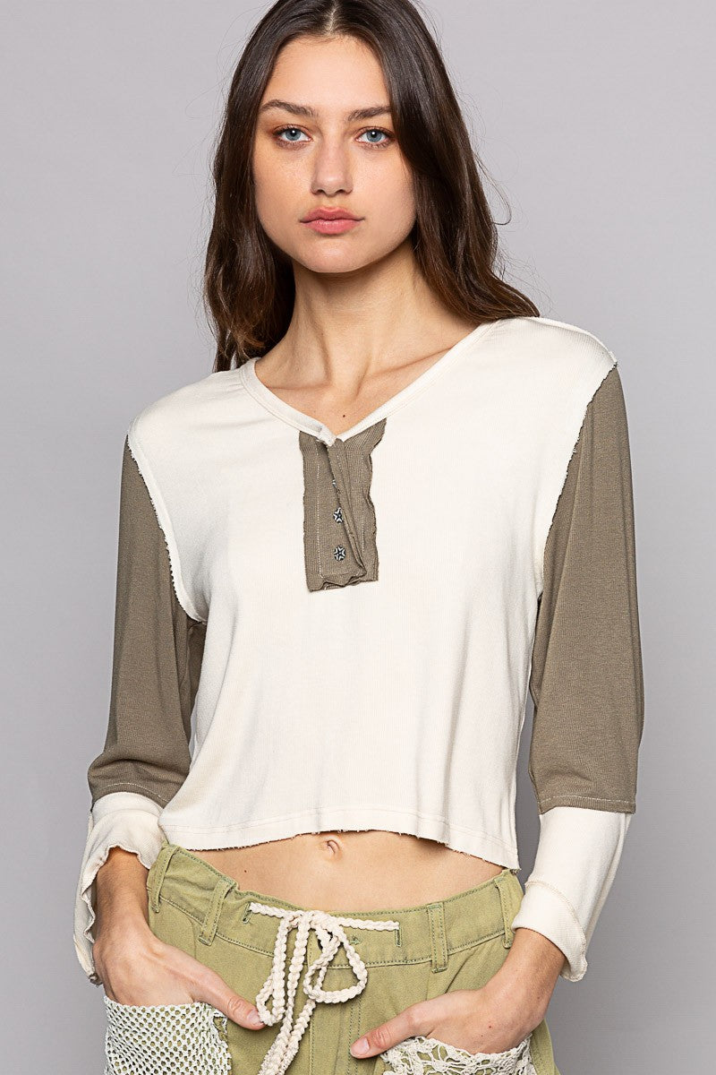 POL Vintage Washed Button Placket Edge Cut Knit Top