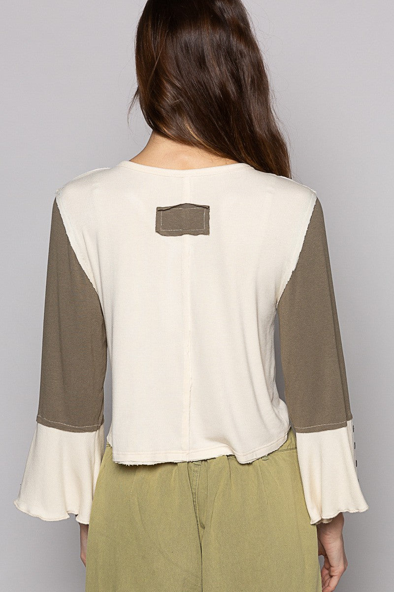 POL Vintage Washed Button Placket Edge Cut Knit Top