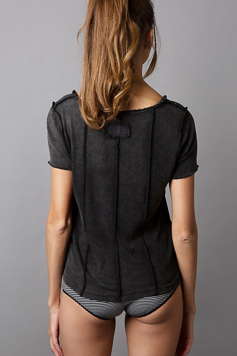 POL Square Neck Short Sleeve Center Hook Knit Top