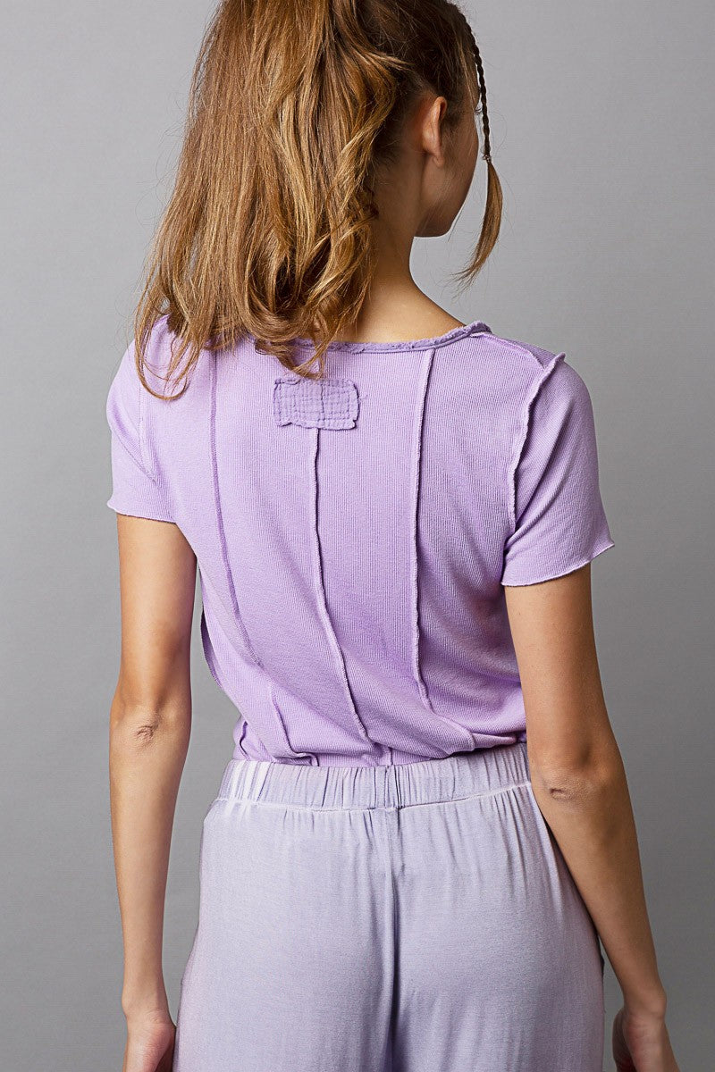 POL Square Neck Short Sleeve Center Hook Knit Top