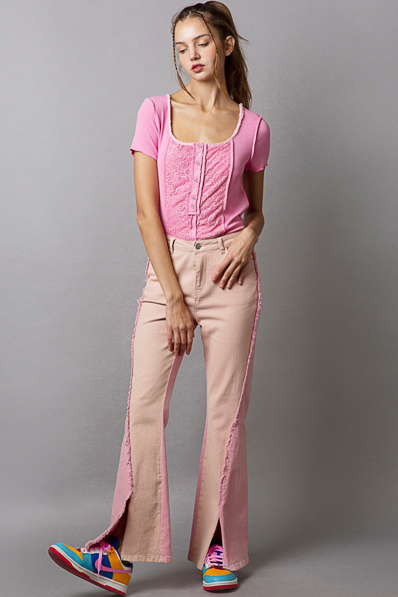 POL Square Neck Short Sleeve Center Hook Knit Top