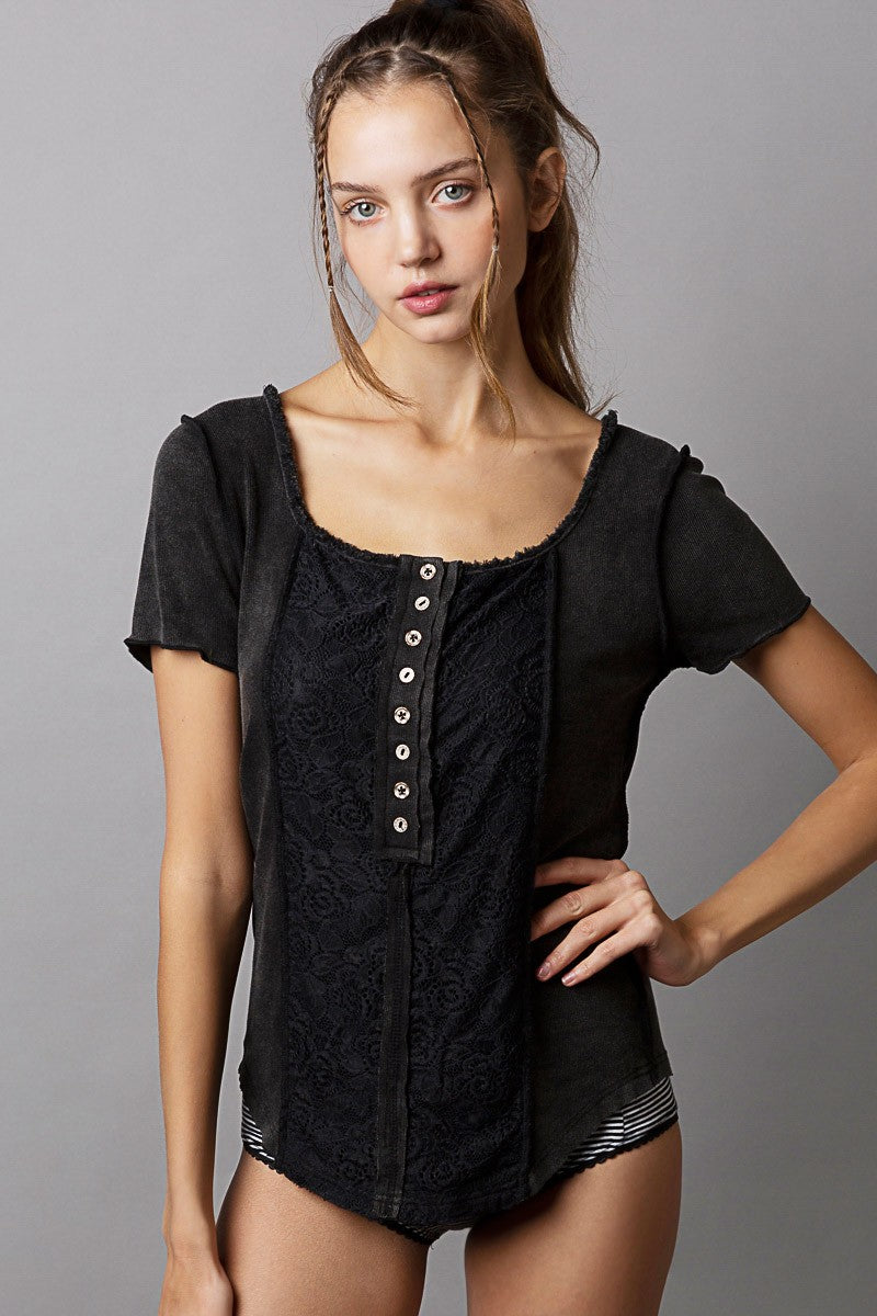 POL Square Neck Short Sleeve Center Hook Knit Top