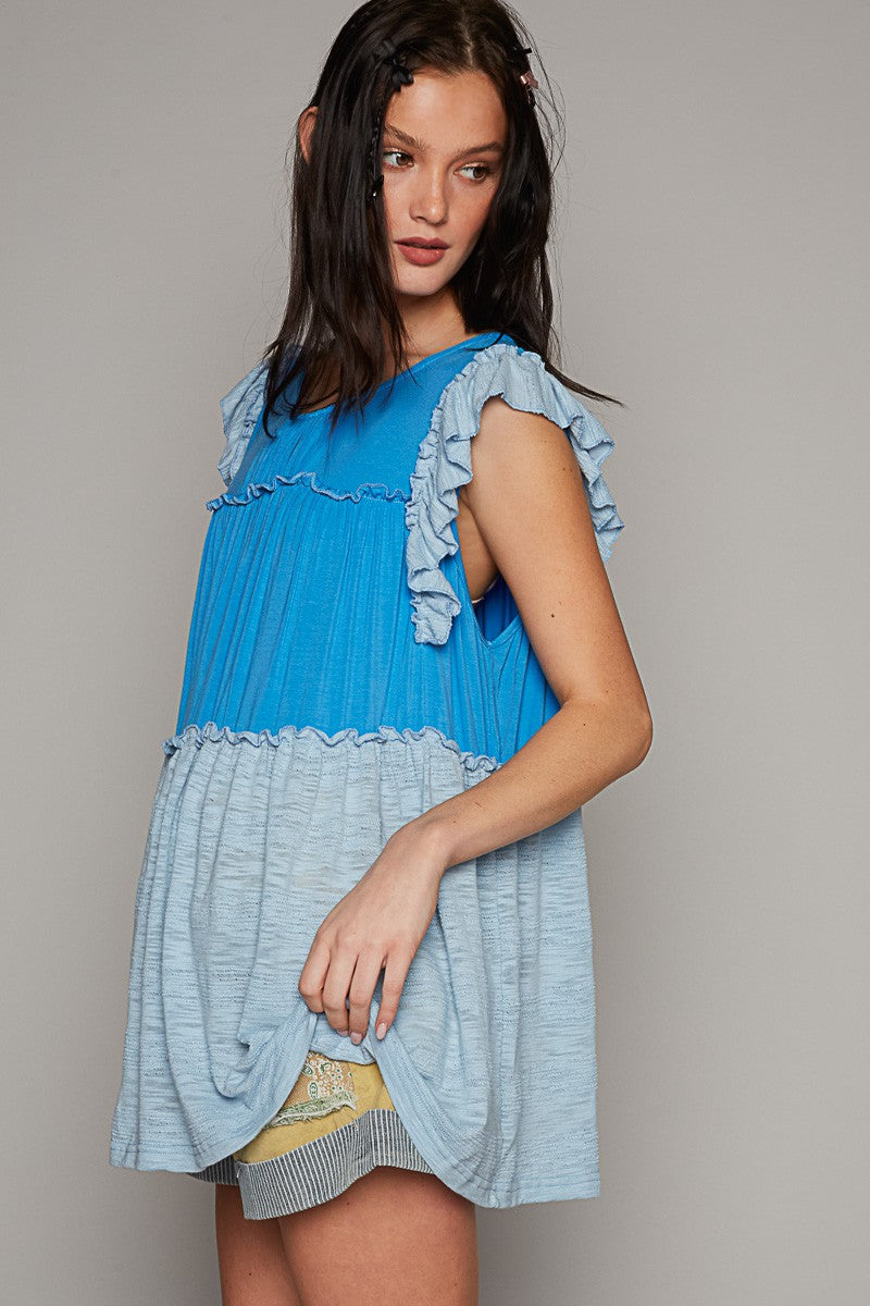 POL Round Neck Sleeveless Ruffle Back Button Tunic Top