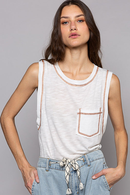 POL Round Neck Sleeveless Pocket Front Solid  Top