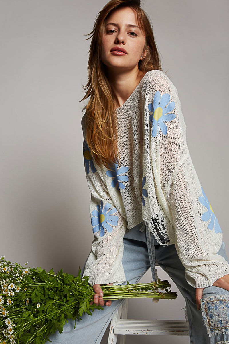 POL Long Sleeve Distress Flower Patches Pullover Top