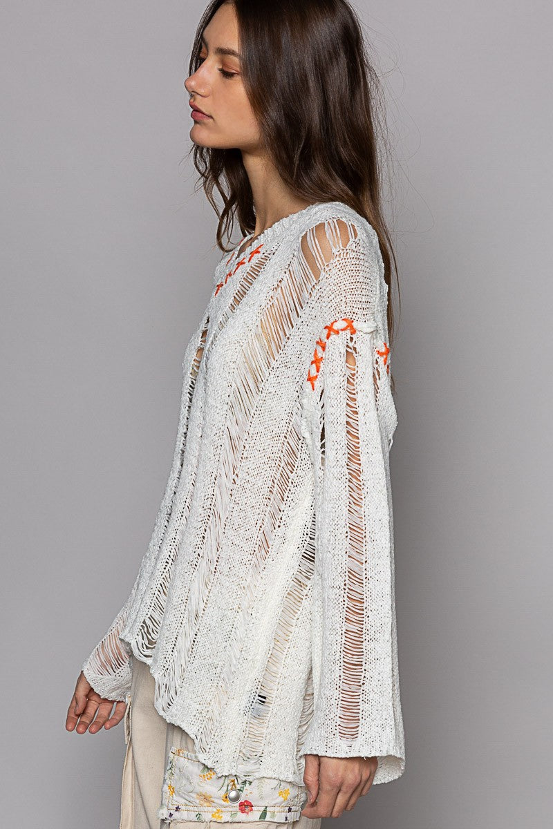 POL Stitch Detail Long Sleeve Distressed Sweater Top