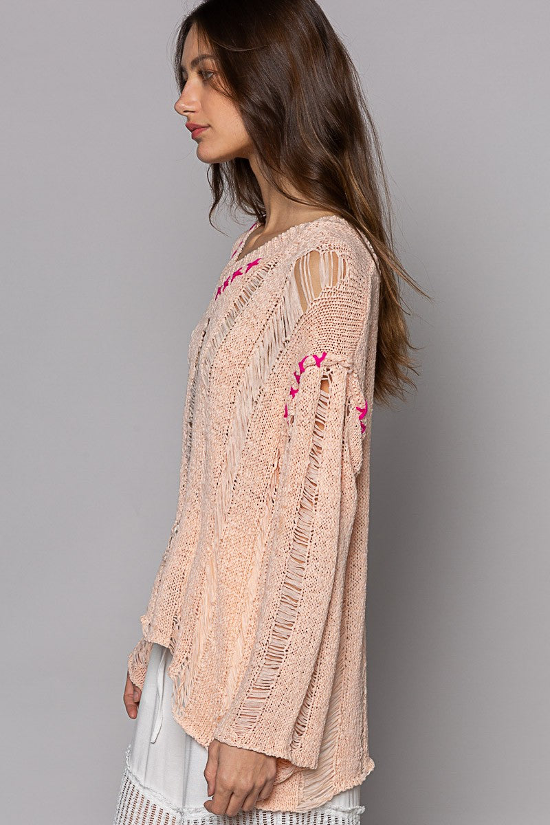POL Stitch Detail Long Sleeve Distressed Sweater Top