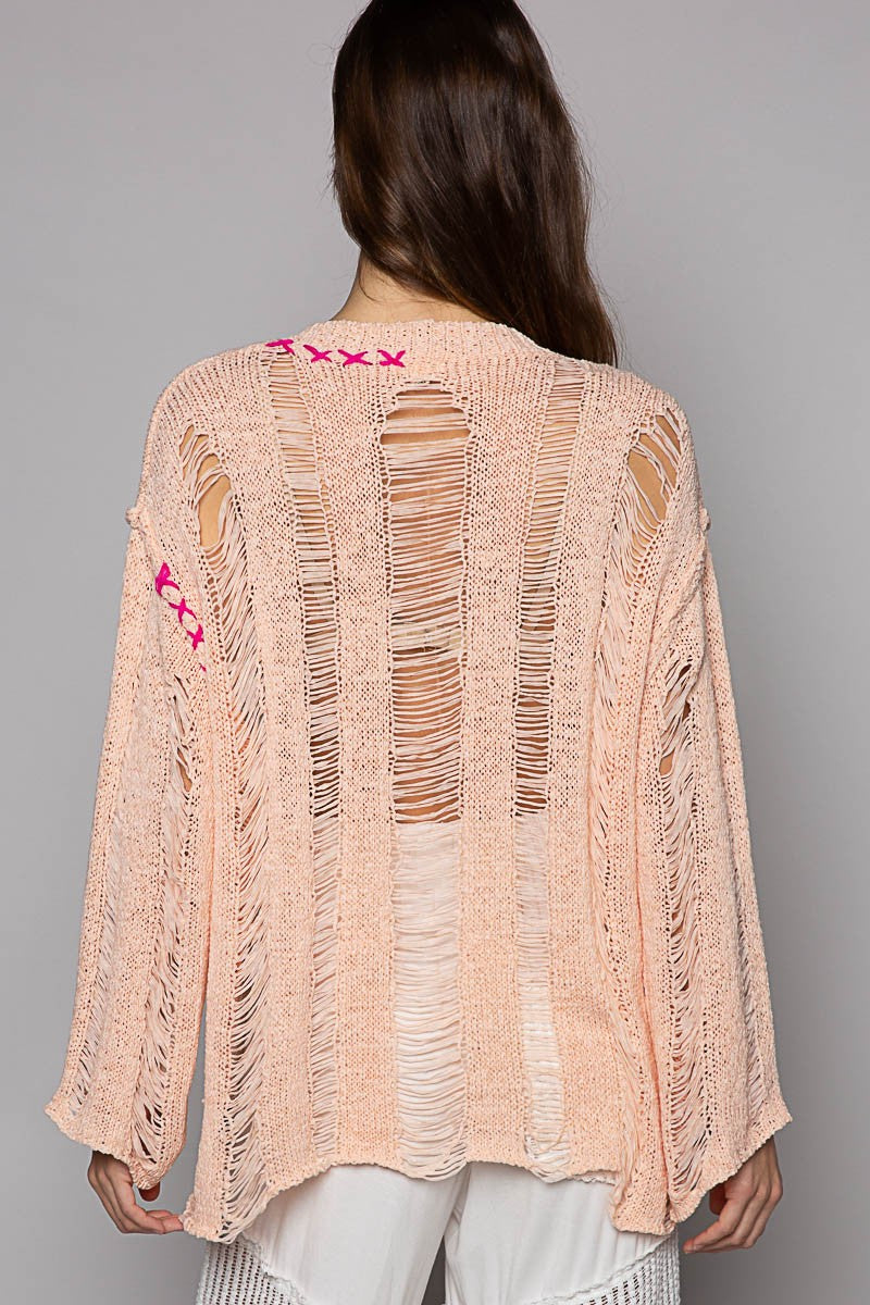 POL Stitch Detail Long Sleeve Distressed Sweater Top