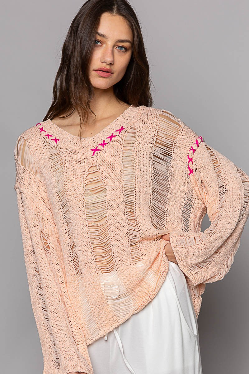 POL Stitch Detail Long Sleeve Distressed Sweater Top