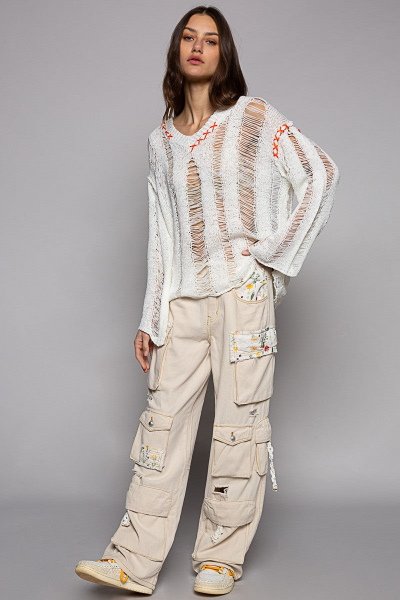 POL Stitch Detail Long Sleeve Distressed Sweater Top