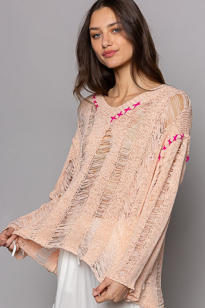 POL Stitch Detail Long Sleeve Distressed Sweater Top