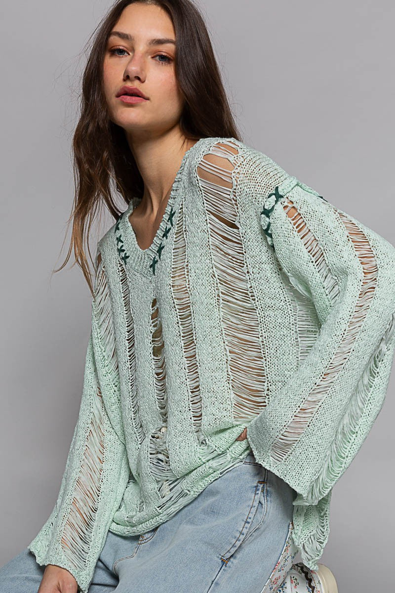 POL Stitch Detail Long Sleeve Distressed Sweater Top