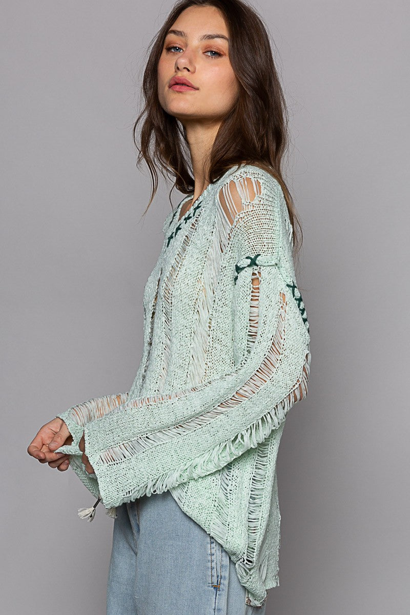 POL Stitch Detail Long Sleeve Distressed Sweater Top