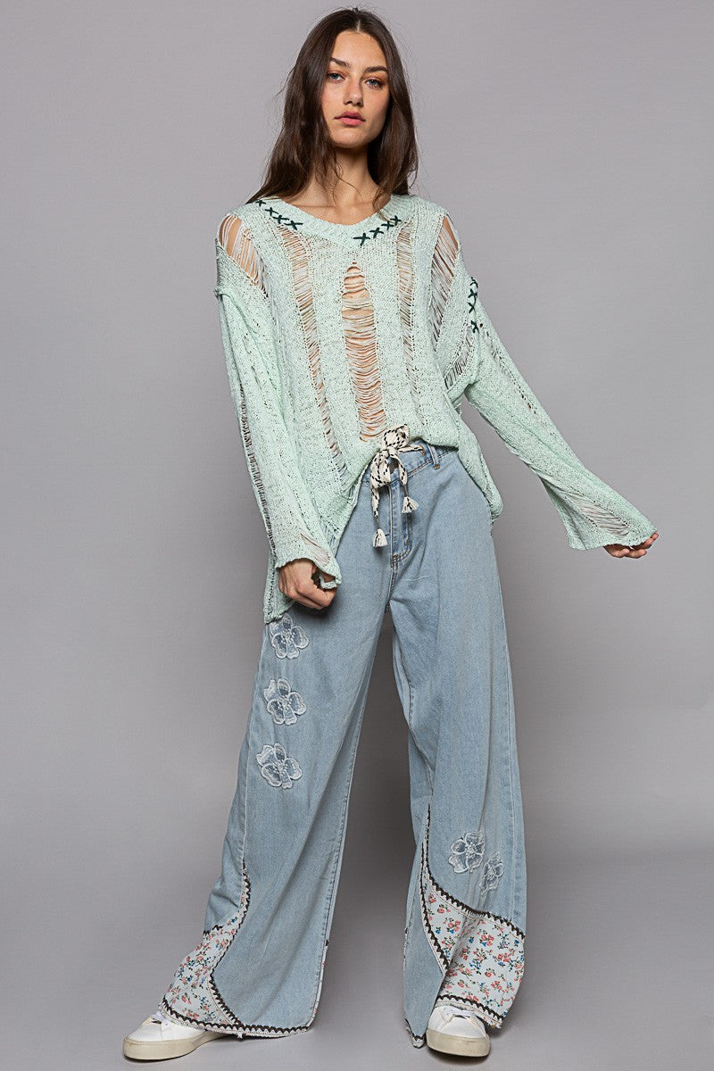 POL Stitch Detail Long Sleeve Distressed Sweater Top