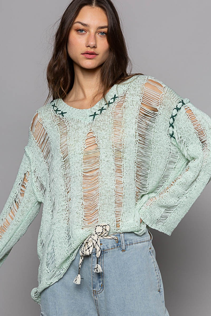 POL Stitch Detail Long Sleeve Distressed Sweater Top