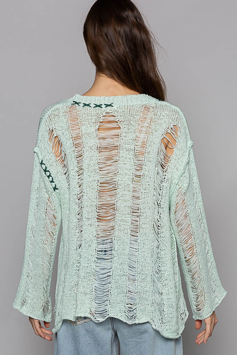 POL Stitch Detail Long Sleeve Distressed Sweater Top