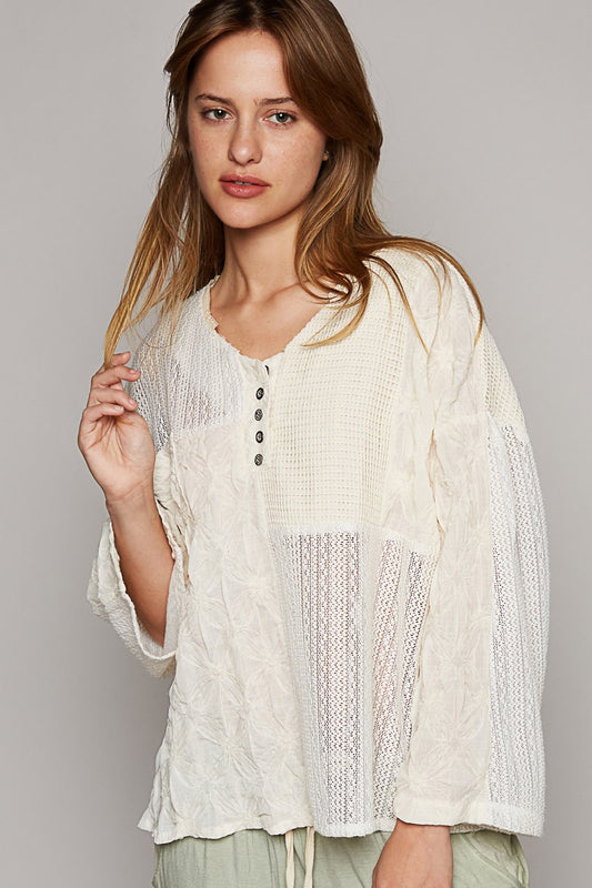 POL Long Sleeve Chiffon Crochet Front Pocket Top