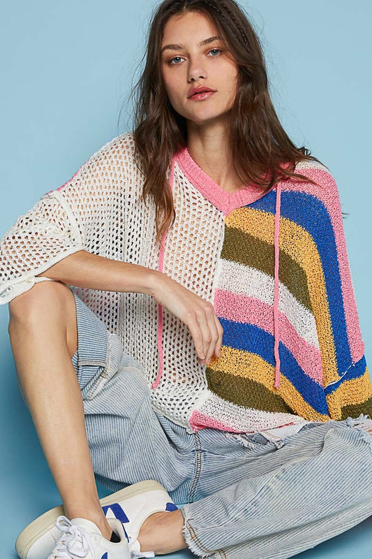 POL Colorblock V Neck Long Sleeve Hoodie Sweater Top