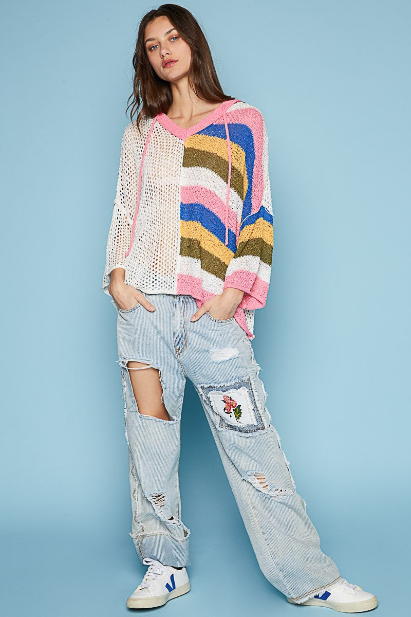 POL Colorblock V Neck Long Sleeve Hoodie Sweater Top