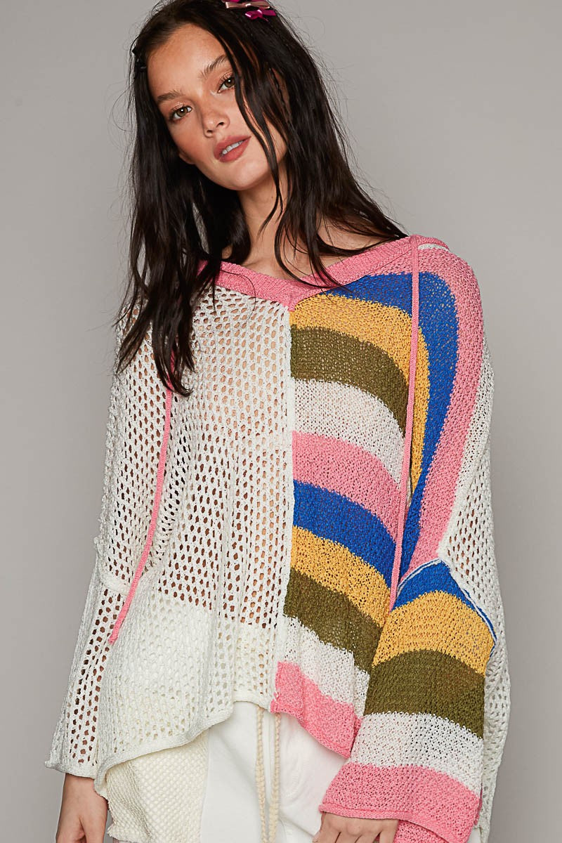 POL Colorblock V Neck Long Sleeve Hoodie Sweater Top