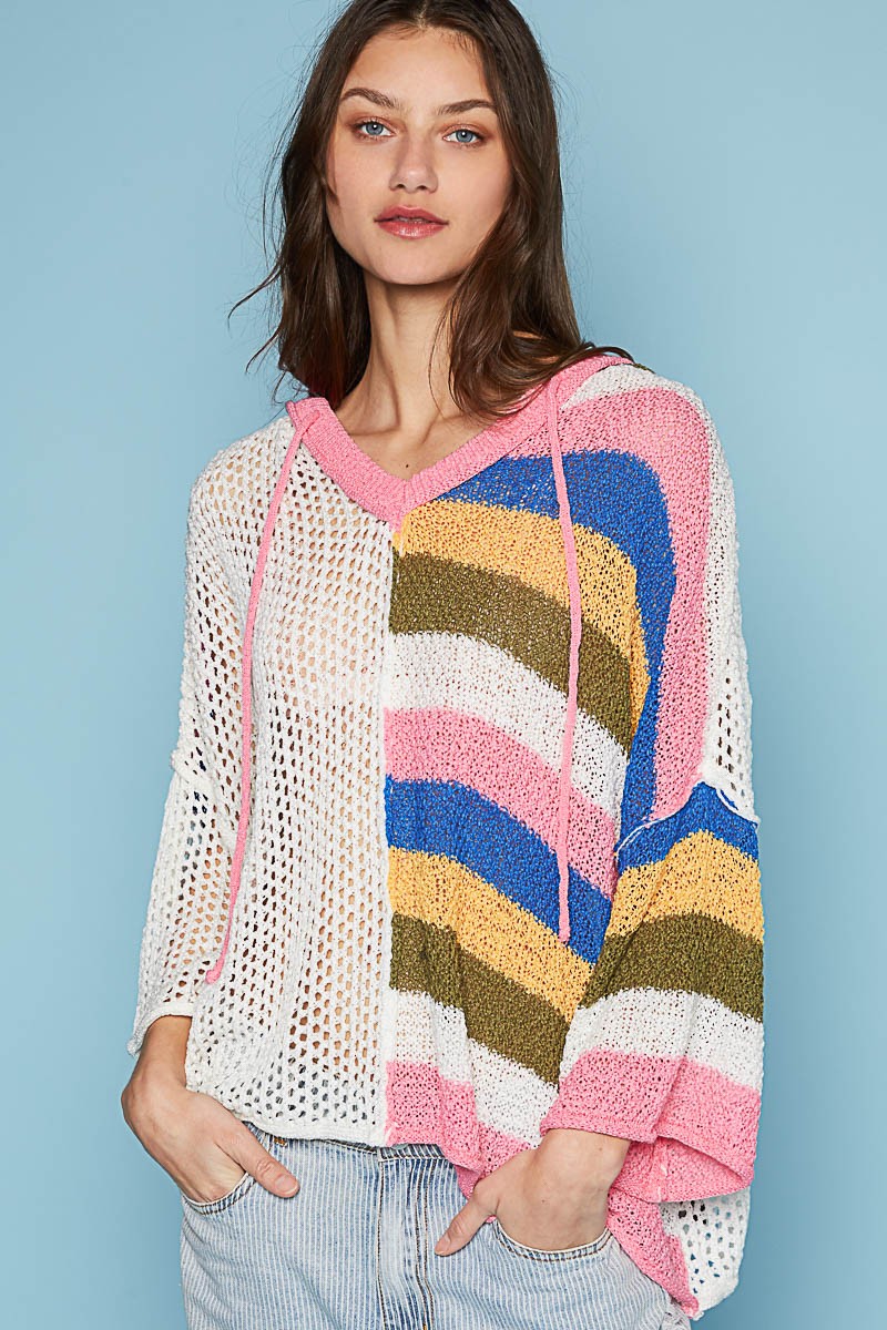 POL Colorblock V Neck Long Sleeve Hoodie Sweater Top