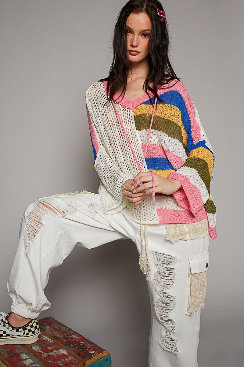 POL Colorblock V Neck Long Sleeve Hoodie Sweater Top