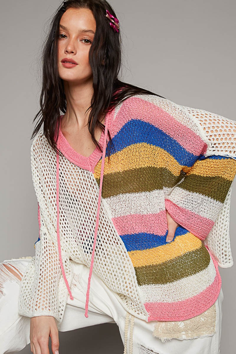 POL Colorblock V Neck Long Sleeve Hoodie Sweater Top