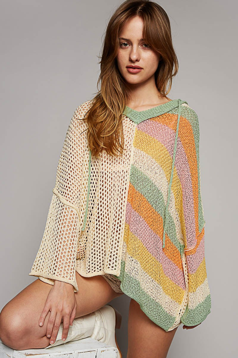 POL Colorblock V Neck Long Sleeve Hoodie Sweater Top